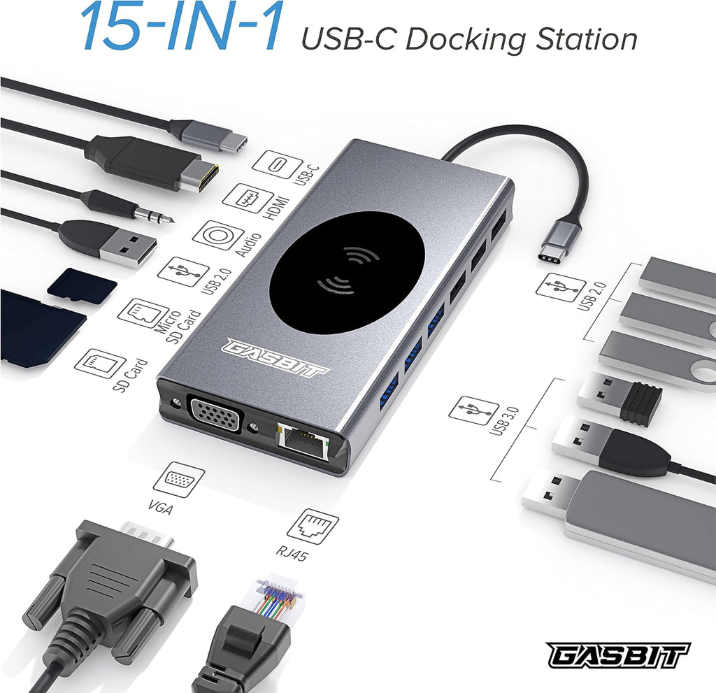 15-in-1 USB C Hub Multiport Adapter with Wireless Phone Charger, Pack of 2 I15392