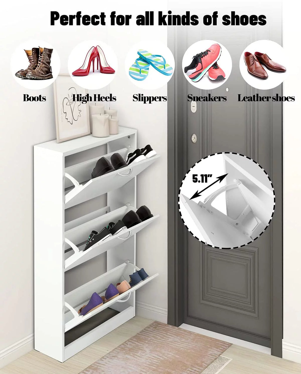 White Narrow 3 Tier Wood Shoe Cabinet H817