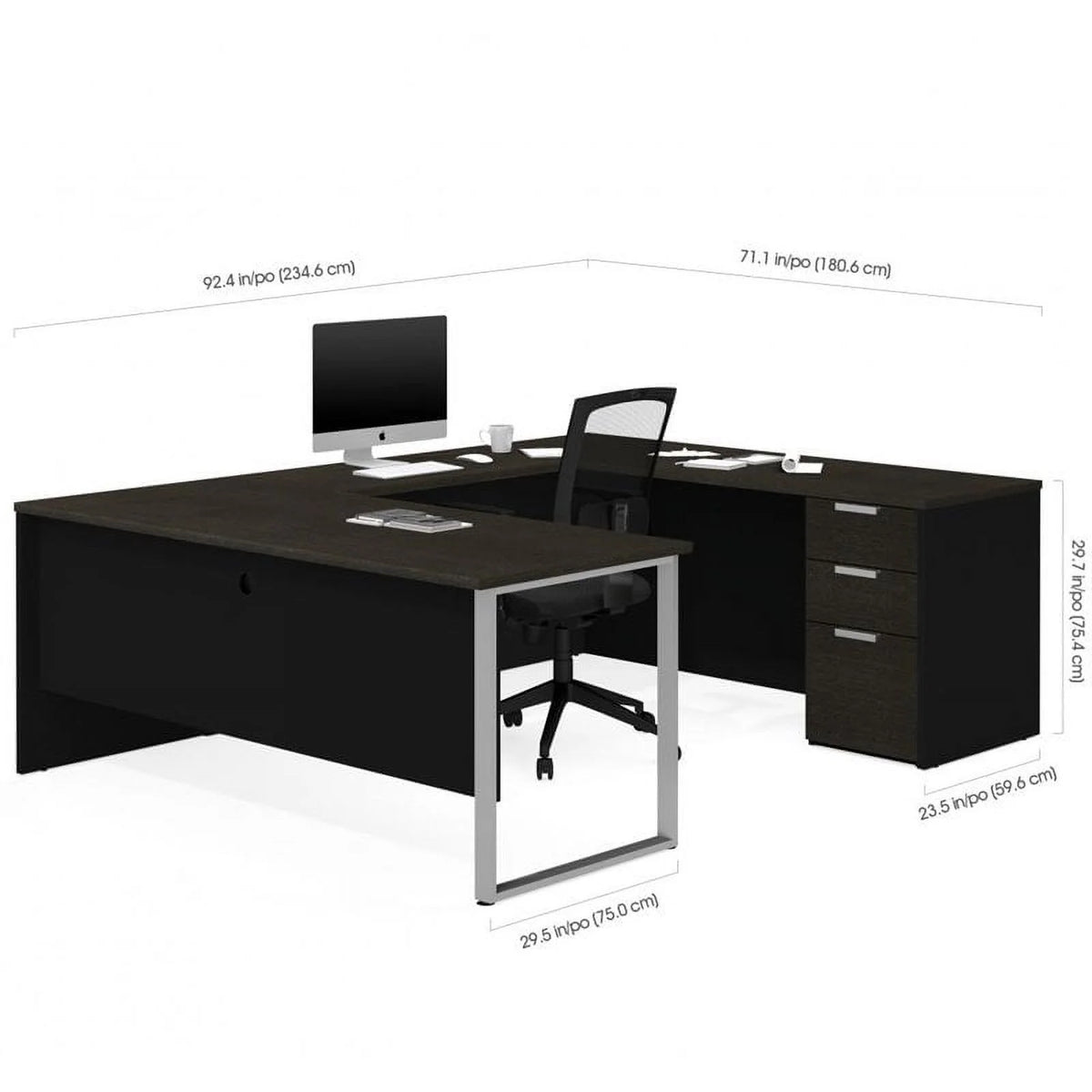 U Desk with 4 Door Hutch in Deep Gray and Black J159915