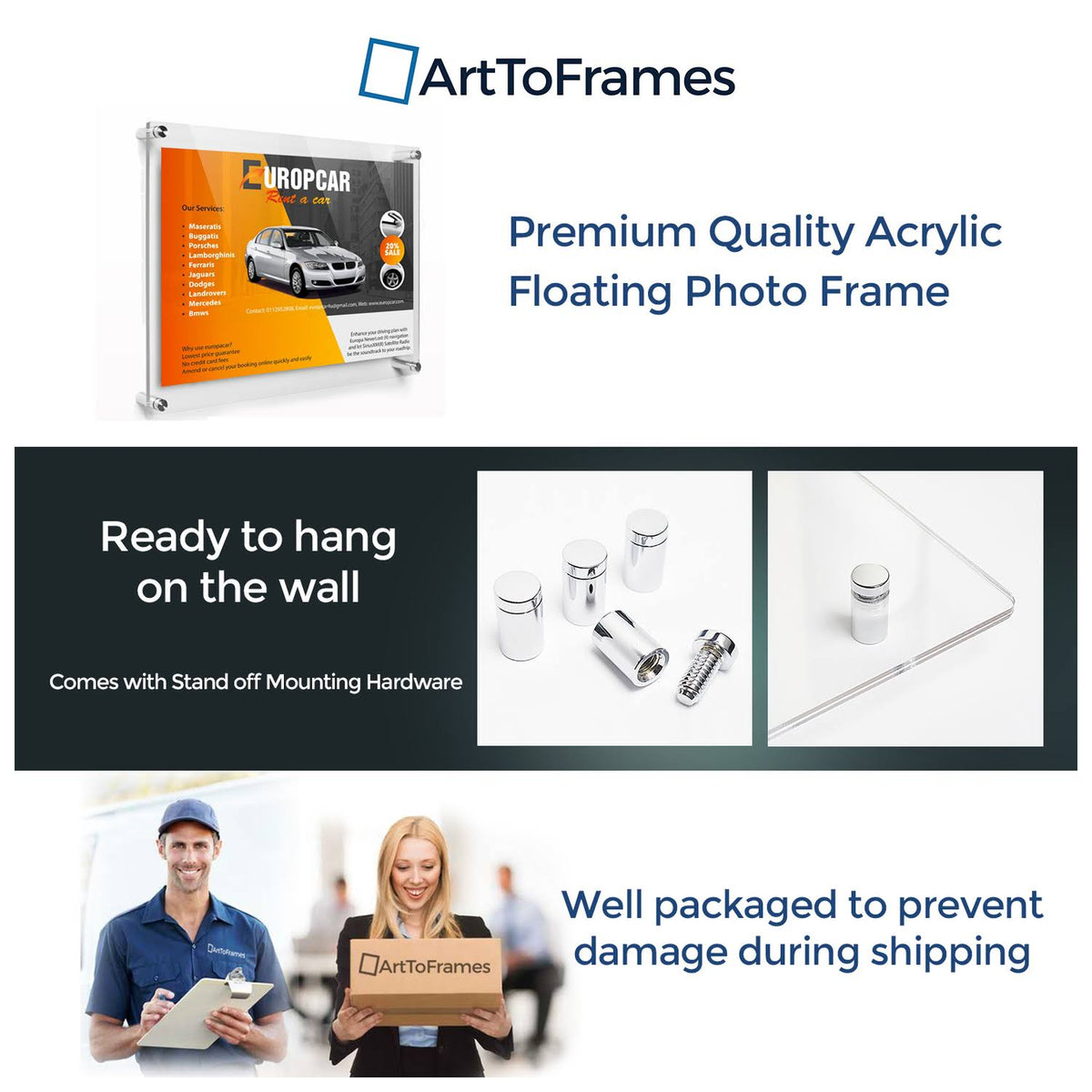 Acrylic Floating Frame for Pictures Up to 9x32 Inches with Polished Chrome Standoff Z896