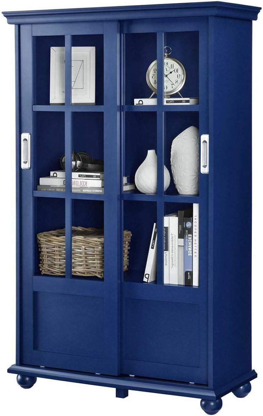 Navy Blue 4 Shelves Wooden Bookcase with Glass Door W98473