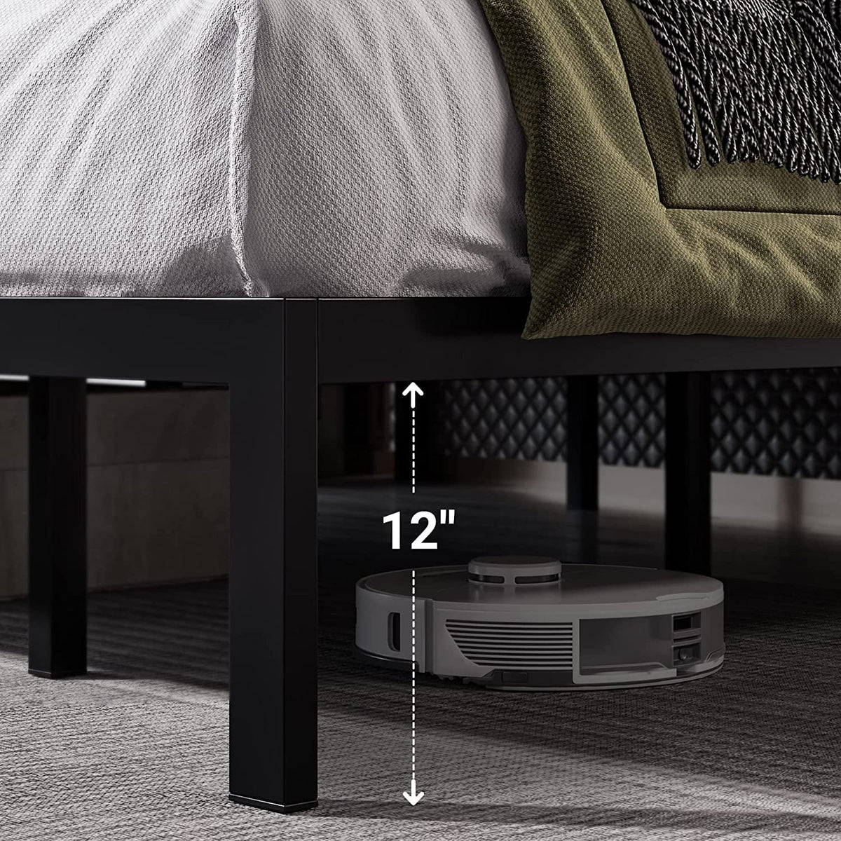Queen Size Grey Metal Platform Bed Frame with Upholstered Headboard J8935