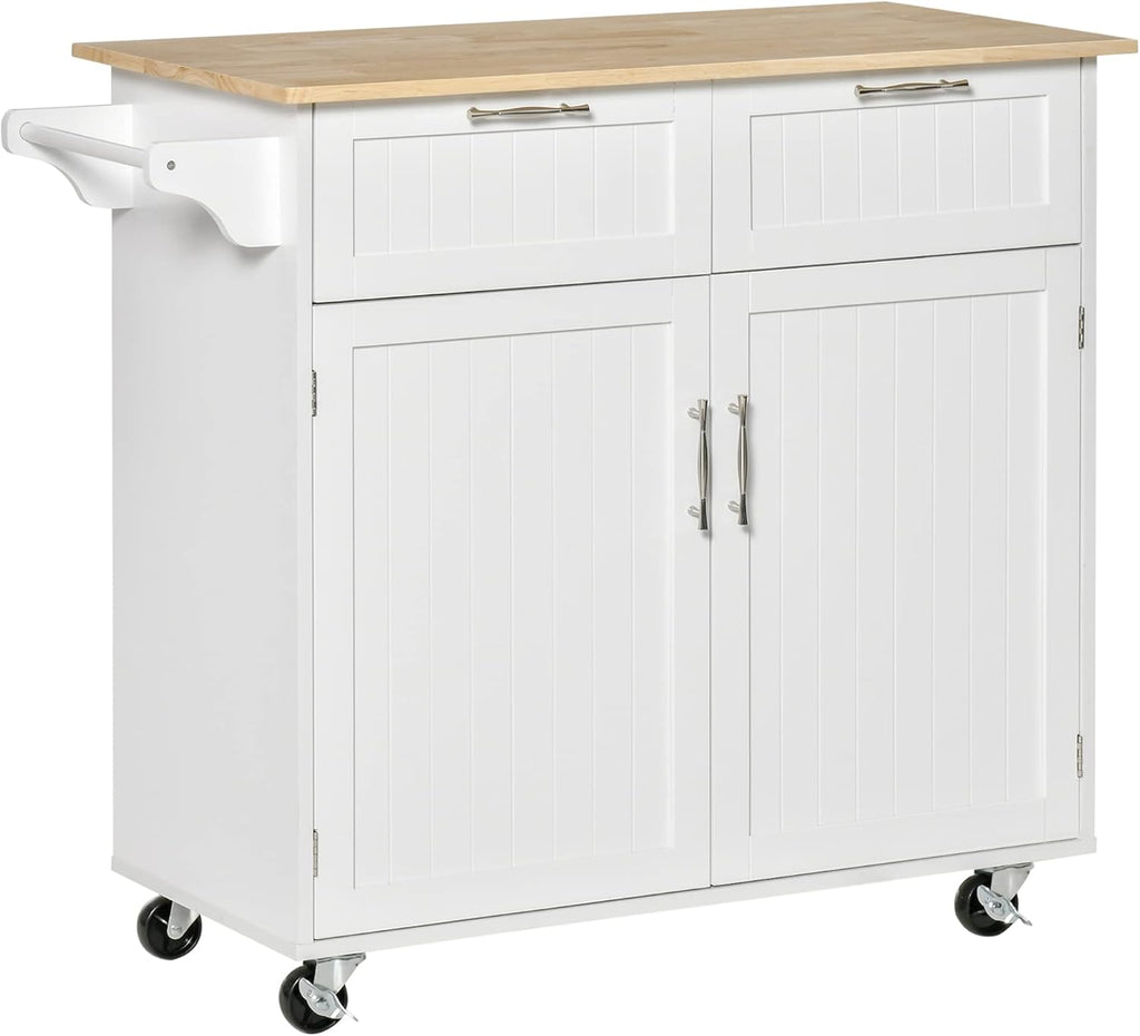Black Rolling Kitchen Island with Rubberwood Top and Drawers S53570
