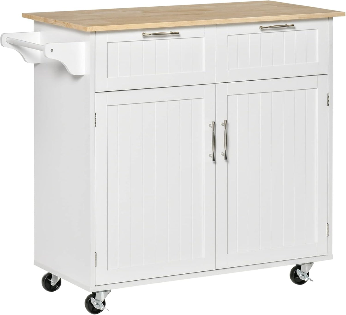 Black Rolling Kitchen Island with Rubberwood Top and Drawers S53570