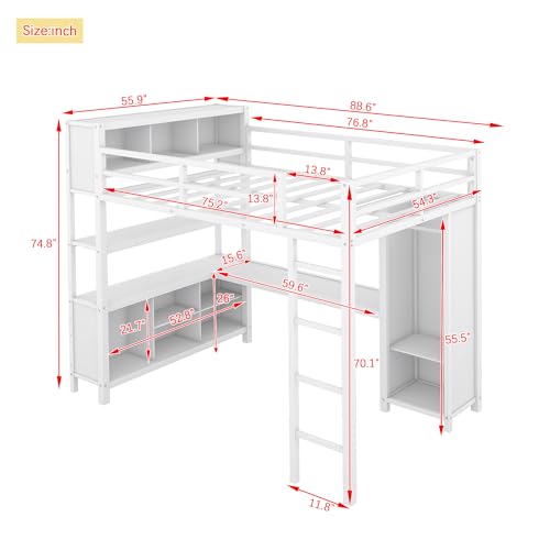 Full Size White Metal Loft Bed with L Shaped Desk and Wardrobe X681494