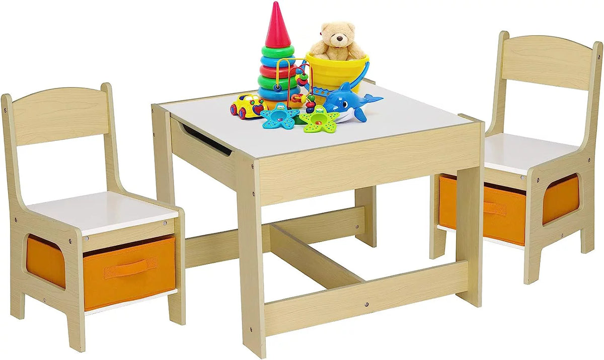 Wooden Kids Table and 2 Chairs Set with Storage U7606