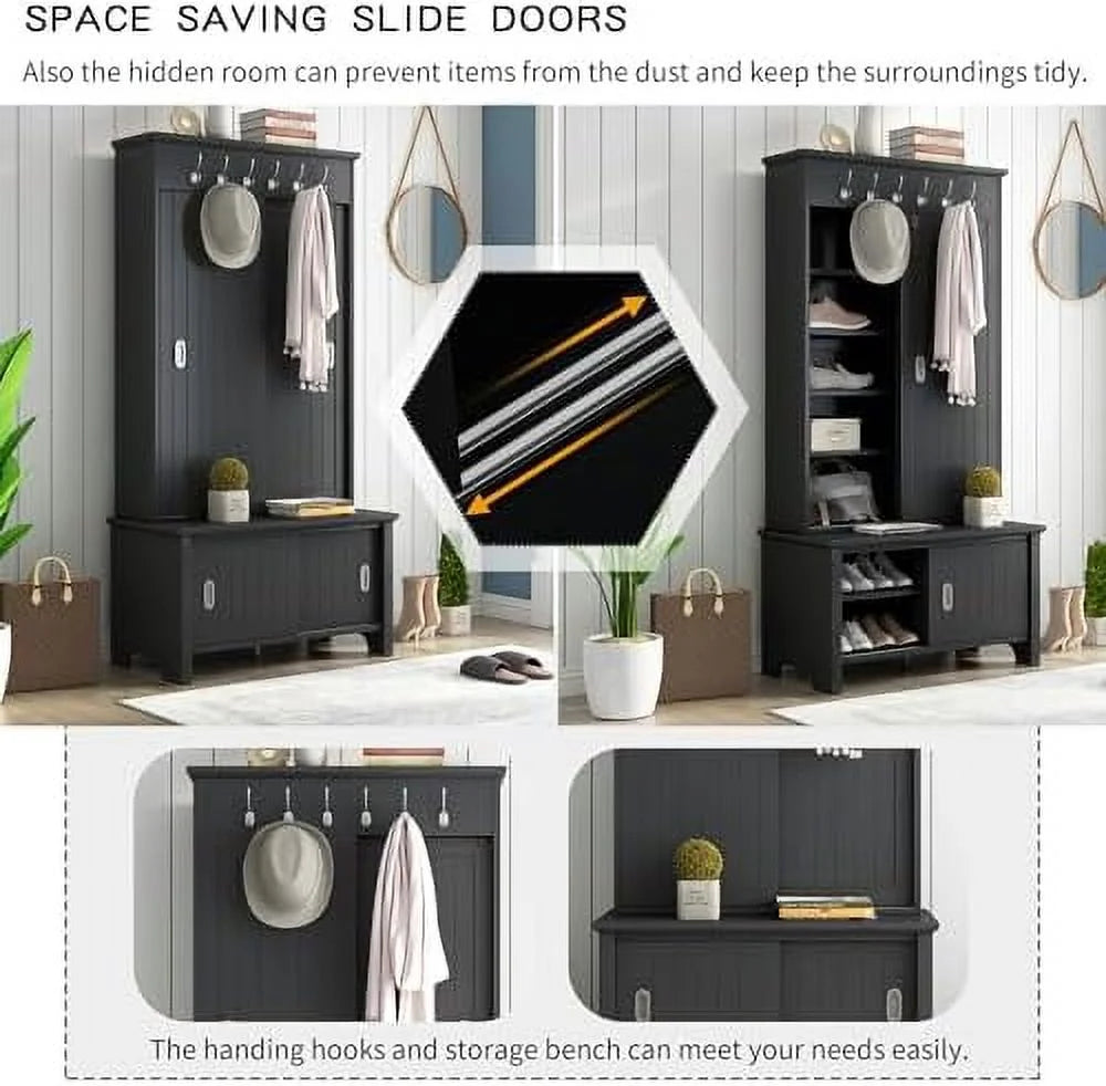 Black Hall Tree with Shoe Drawers and Bench V987955