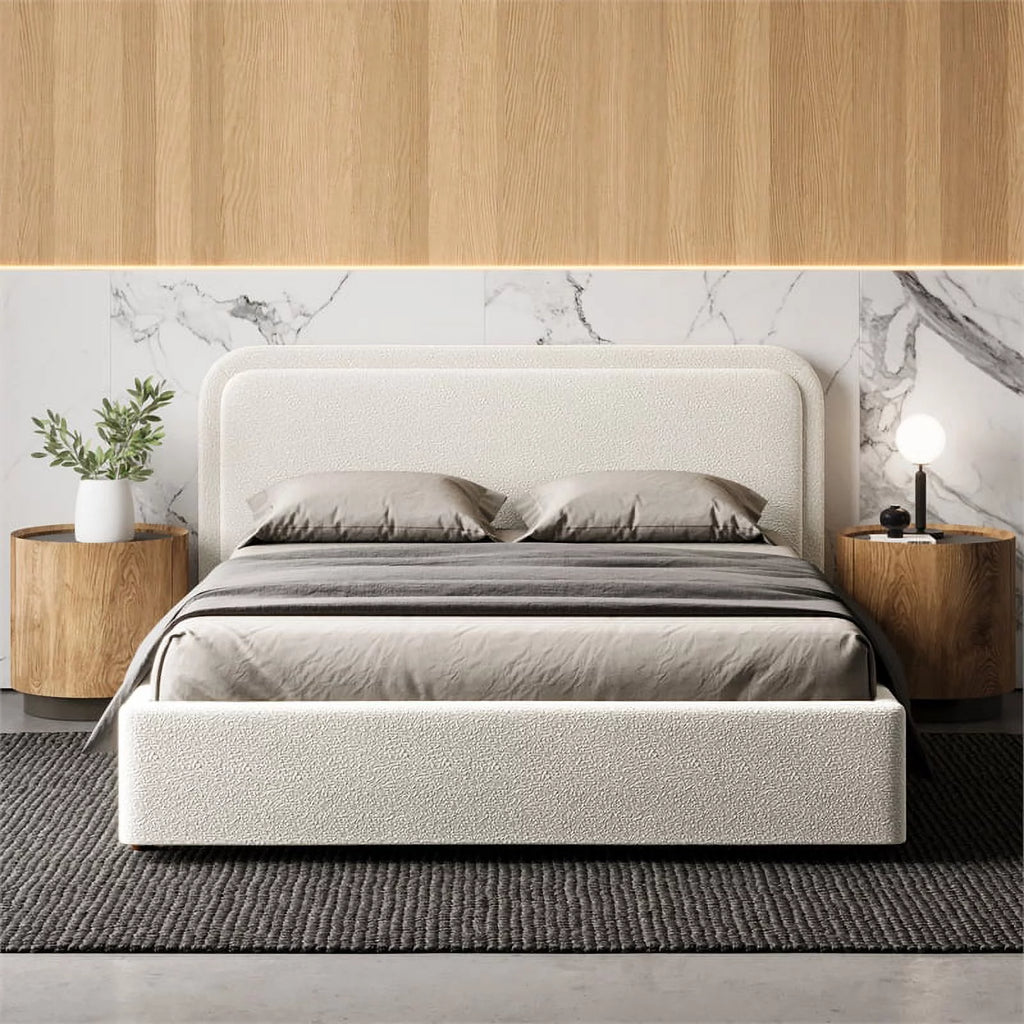 Queen Upholstered Platform Bed in White Boucle Fabric O45037