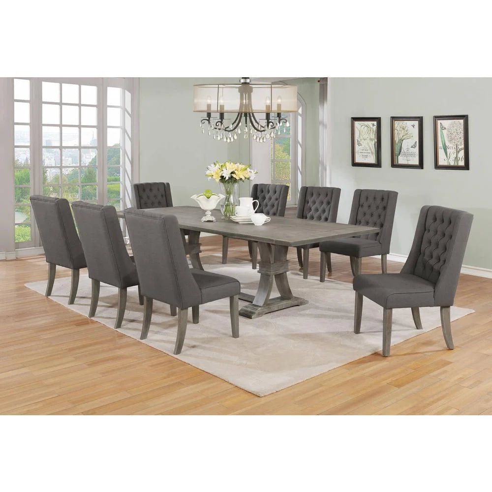 Gray Wood 9pc Dining Set with Linen Chairs T7186