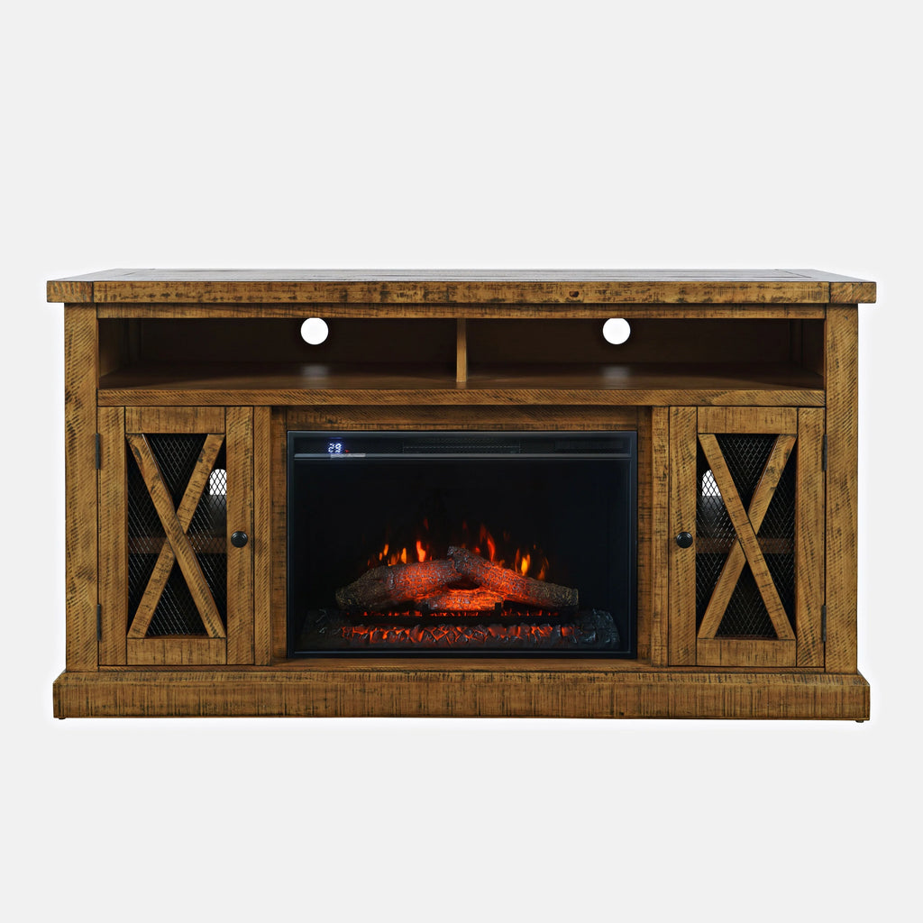 Rustic Solid Pine Storage Console TV Stand with Electric Fireplace Z85713