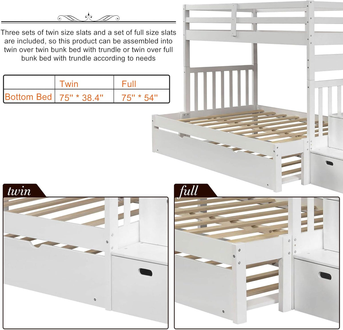 White Twin Over Twin Bunk with Trundle, 4 Drawers, and 3 Shelves V70062