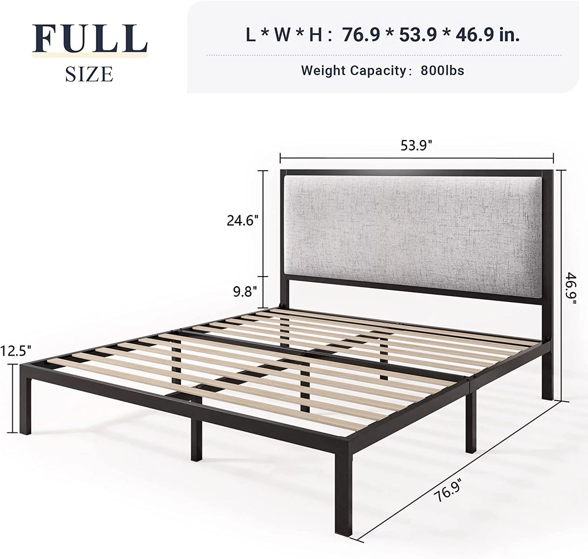 Queen Size Grey Metal Platform Bed Frame with Upholstered Headboard J8935