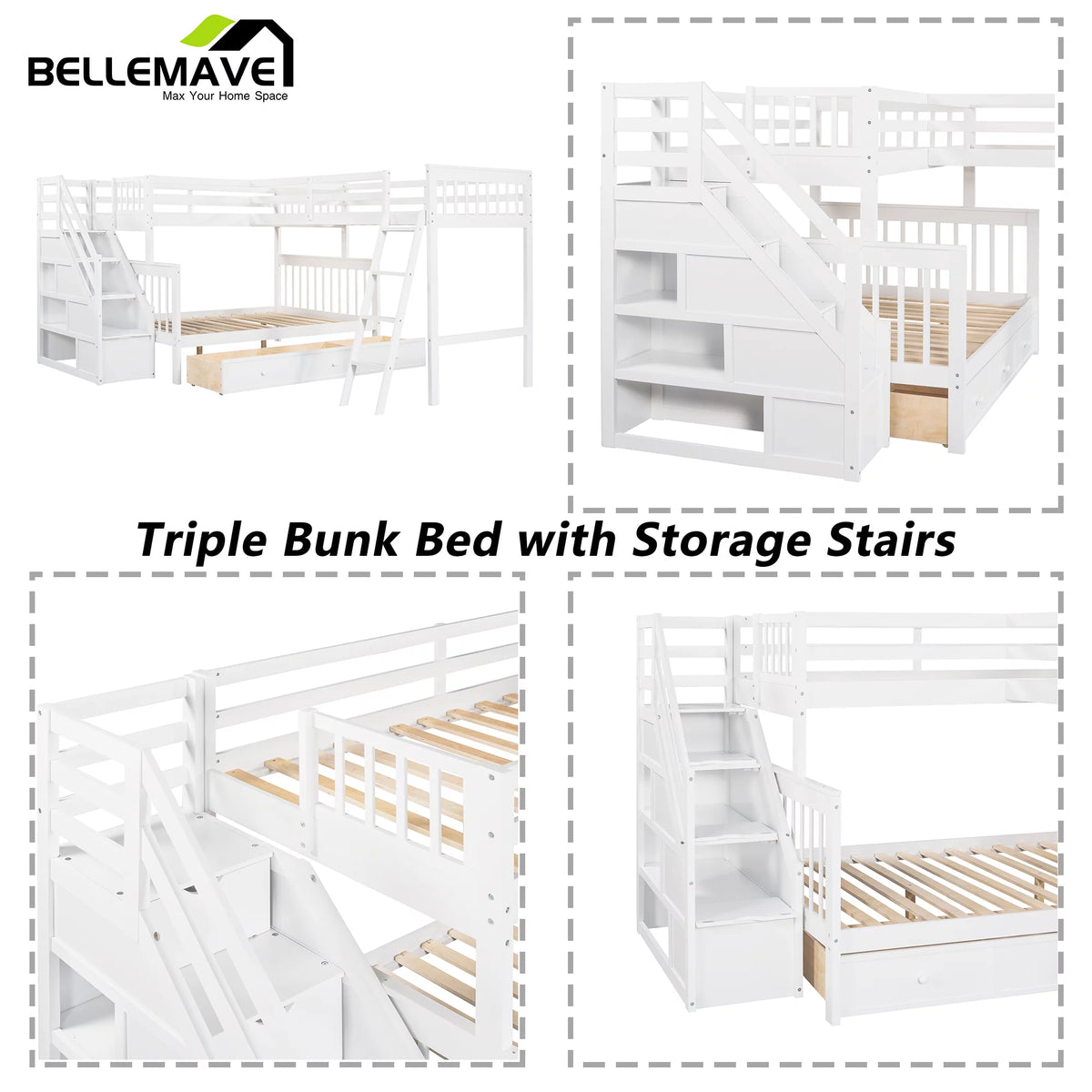 L-Shaped Twin over Full Size Bunk Beds with Storage Stairs and Drawers C862450
