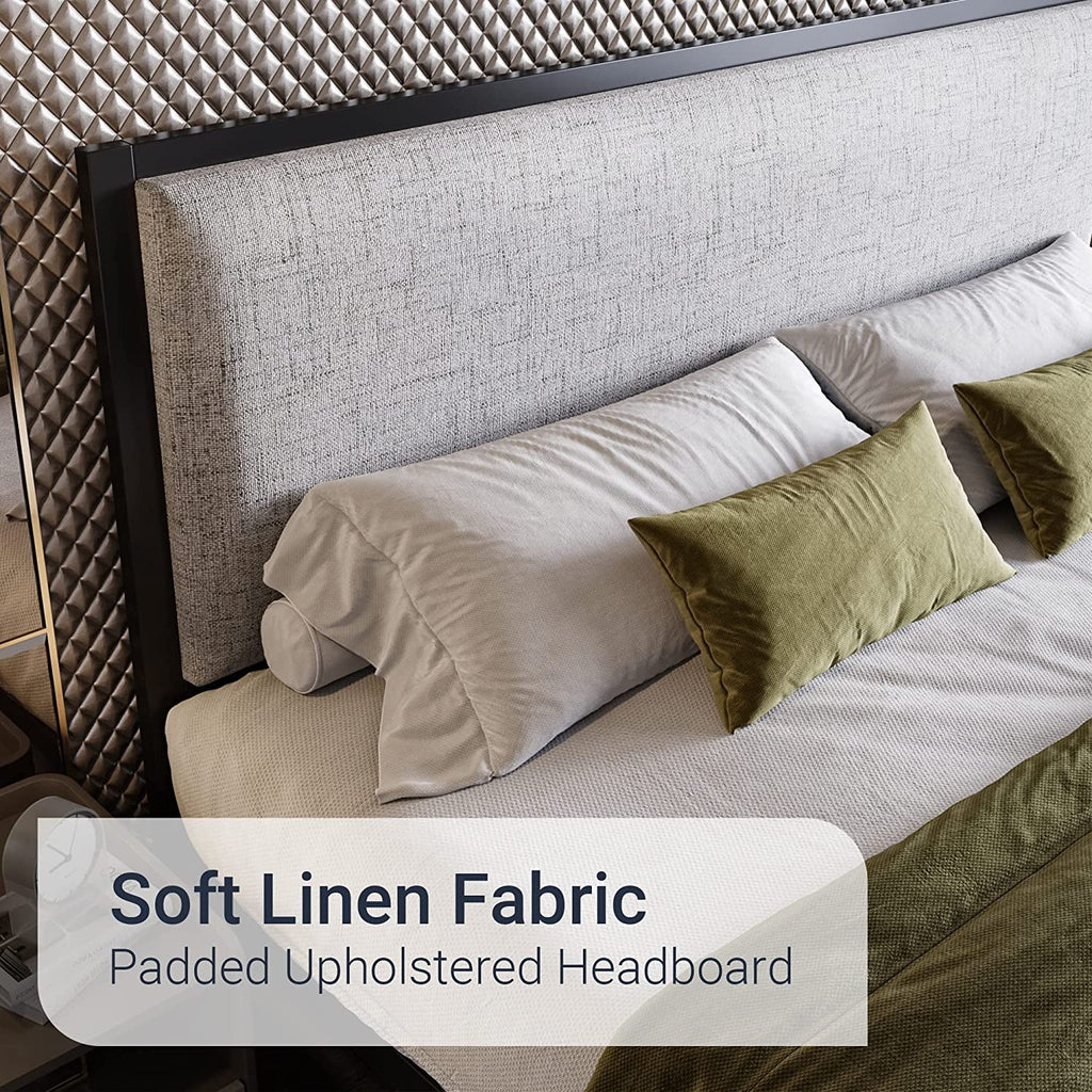 Queen Size Grey Metal Platform Bed Frame with Upholstered Headboard J8935