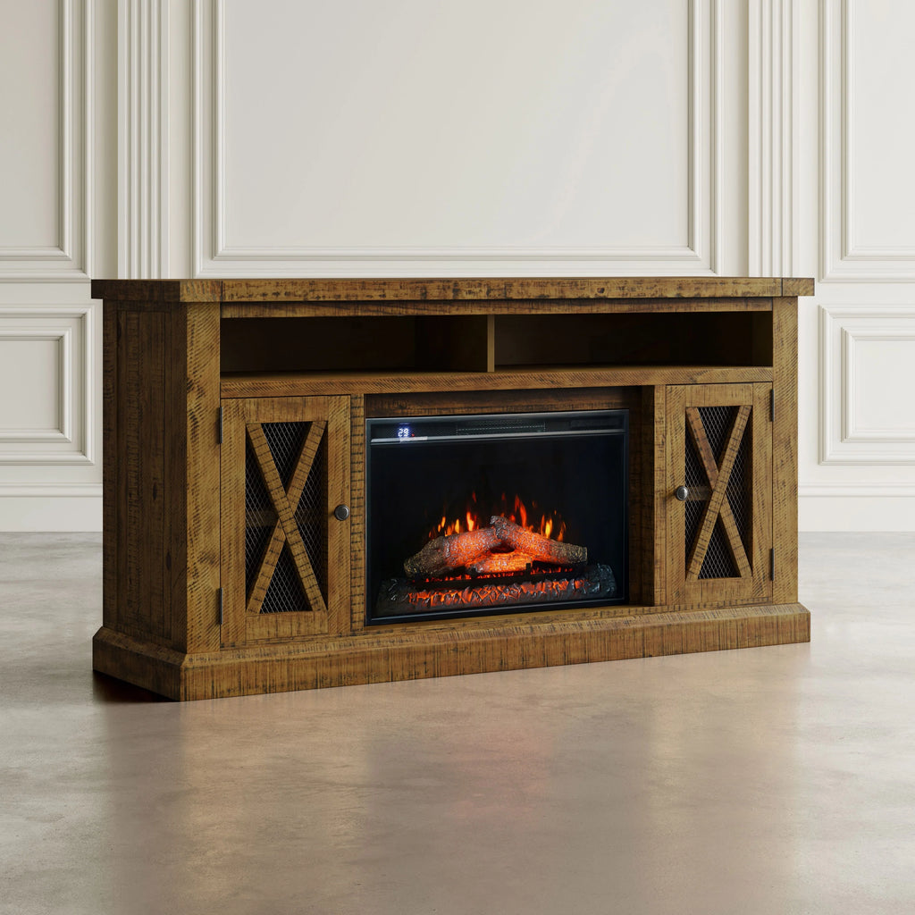 Rustic Solid Pine Storage Console TV Stand with Electric Fireplace Z85713