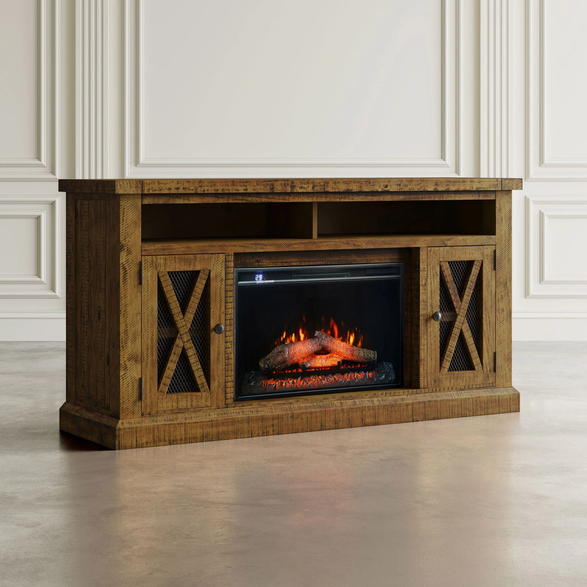 Rustic Solid Pine Storage Console TV Stand with Electric Fireplace Z85713