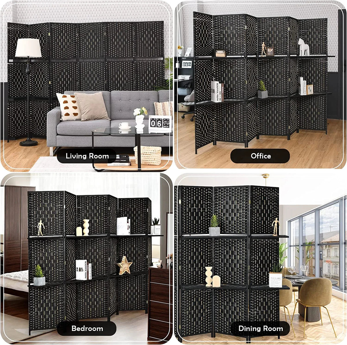 6Ft 6 Panel Hand-Woven Rattan Room Divider with Shelves M109